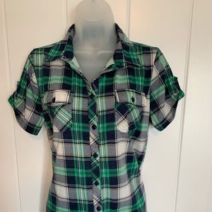 Green button up plaid shirt. Size M